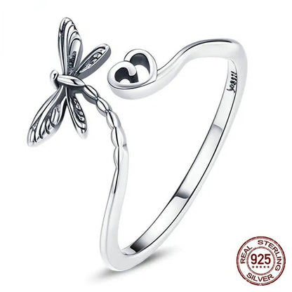 2021 New Dragonfly Love Heart Open Ring 925 Sterling Silver Vintage Insect Ring for Women - WORLD TIME VISITS