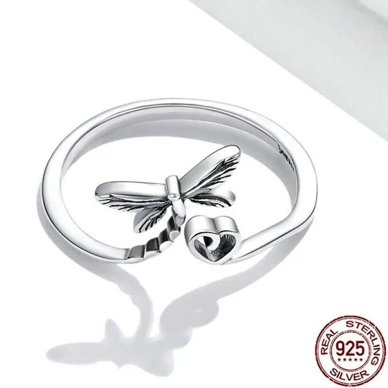 2021 New Dragonfly Love Heart Open Ring 925 Sterling Silver Vintage Insect Ring for Women - WORLD TIME VISITS