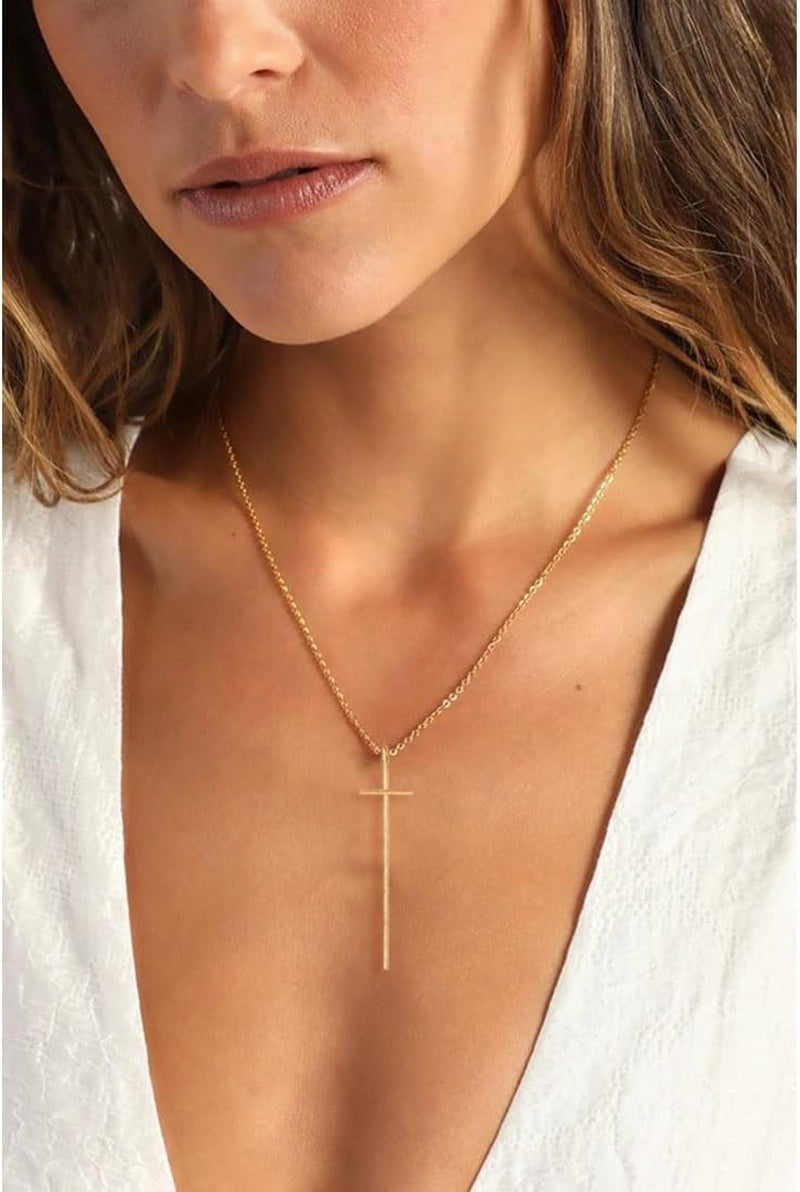 14K Gold Plated Long Hammered Cross Necklace for Women Religious Faith Jewelry Christian Gift