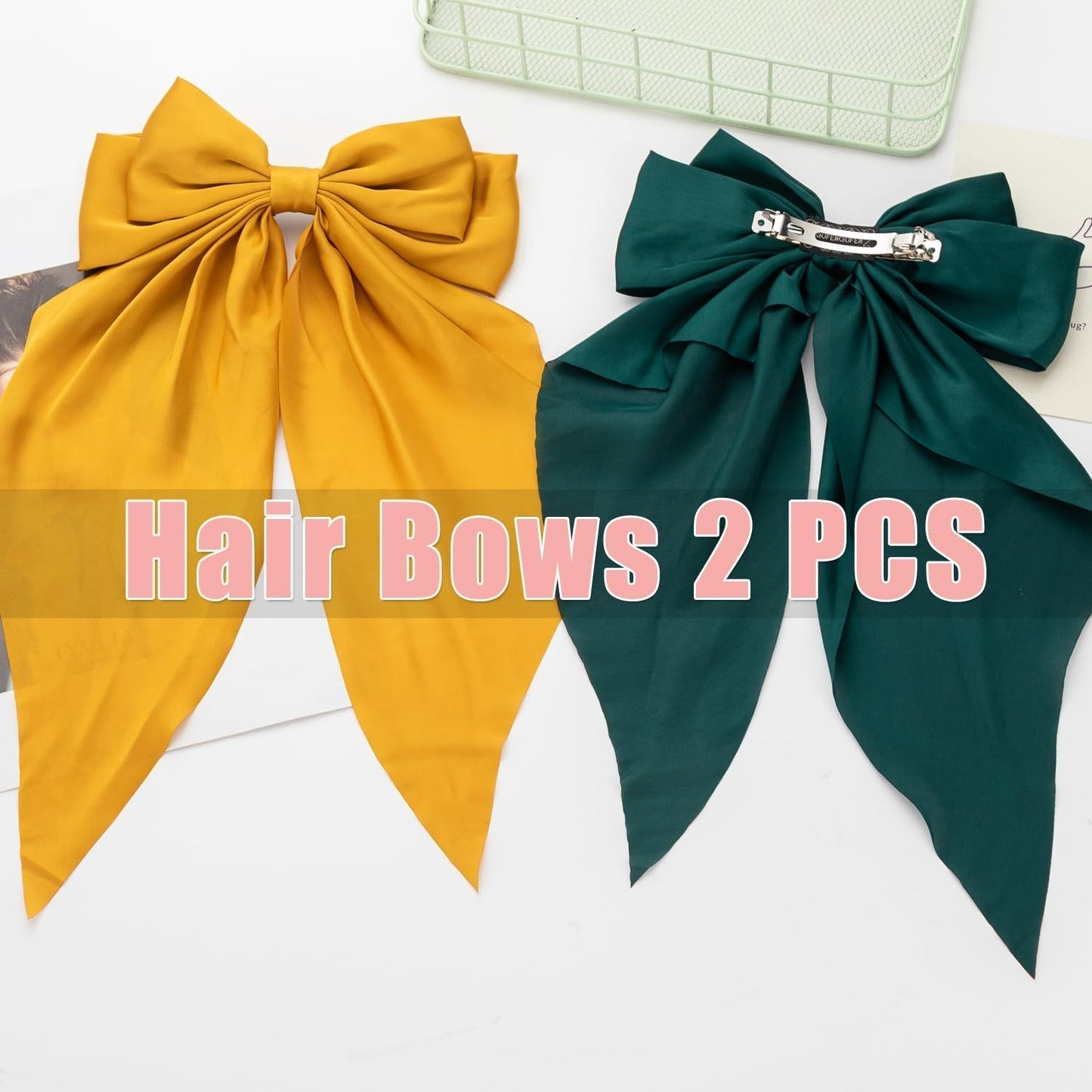 Hair Bows 2 PCS, Hair Bows for Women, Oversized Long-Tail Cute Aesthetic Hair Accessories, Large Hair Barrettes for Women, Big Bows for Girls (Dark Green, Bright Yellow)