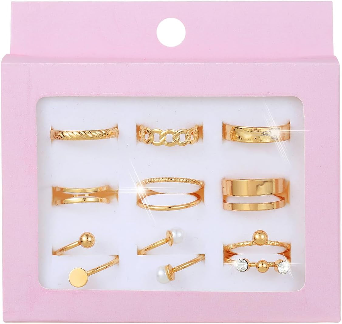 9Pcs Gold Adjustable Rings for Women Stackable Knuckle Ring Set with Pearl Exquisite Simple Fashion Jewelry for Thumb and Knuckles Adjustable Size in Pink Box