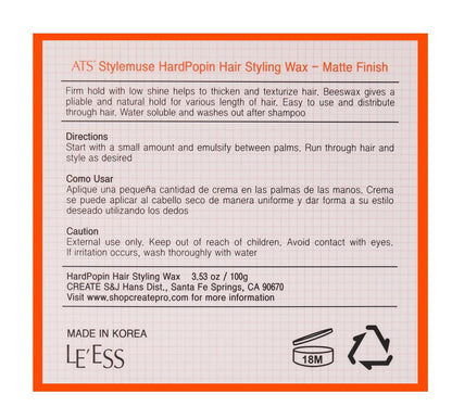 ATS Stylemuse Hard Popin Hair Styling Wax - Men and Women Matte Molding Cream Firm Hold 100 Gram 3.53 Ounce