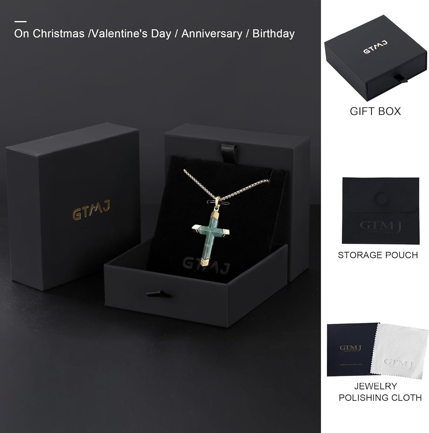 Cross Necklace for Men -Stainless Steel & Gemstone Adjustable Box Chain 24-26In, Spiritual Jewelry Gift for Him, Everyday Wear
