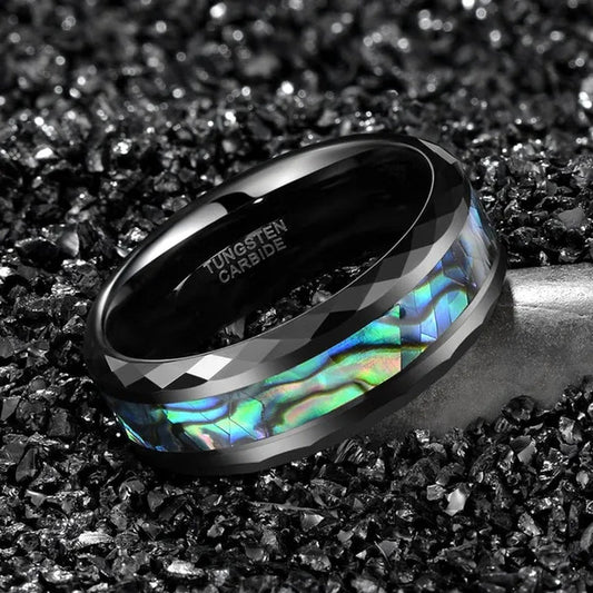 8MM Tungsten Carbide Rings Inlay Multi-color Rainbow Abalone Shell Faceted Edge Cut Wedding Band for Men's Engagement Promises Jewelry Anniversary Gift