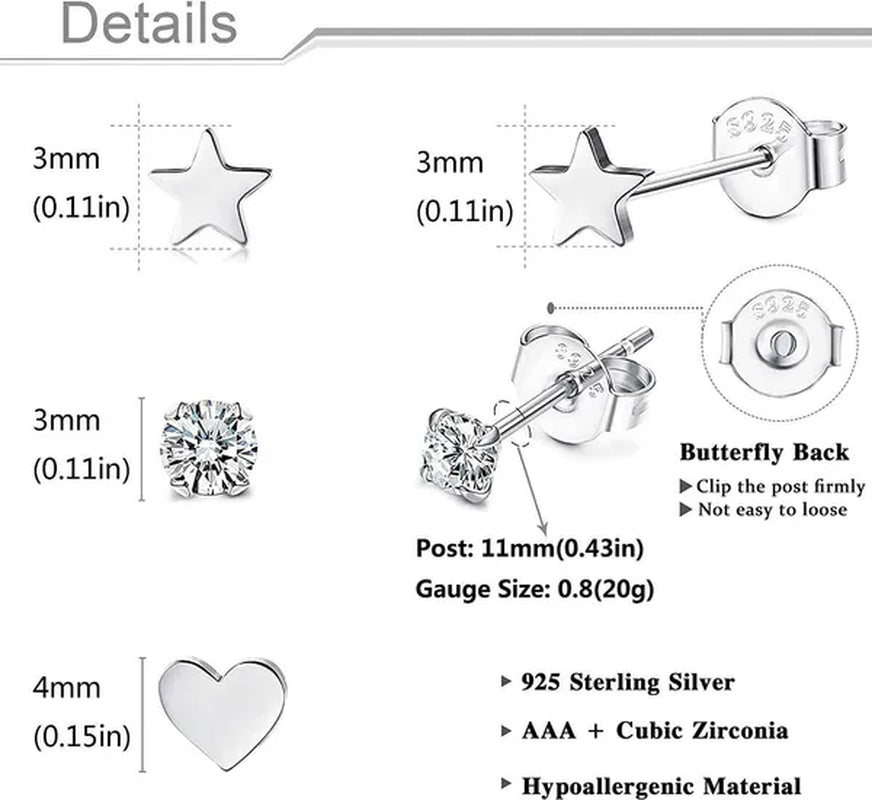 3 Pairs of 925 Sterling Silver Women'S Ear Studs Cubic Zirconia Ear Studs Cartilage Ear Rings Gold Plated Earscreen Spiral Perforation