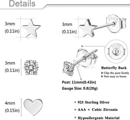 3 Pairs of 925 Sterling Silver Women'S Ear Studs Cubic Zirconia Ear Studs Cartilage Ear Rings Gold Plated Earscreen Spiral Perforation