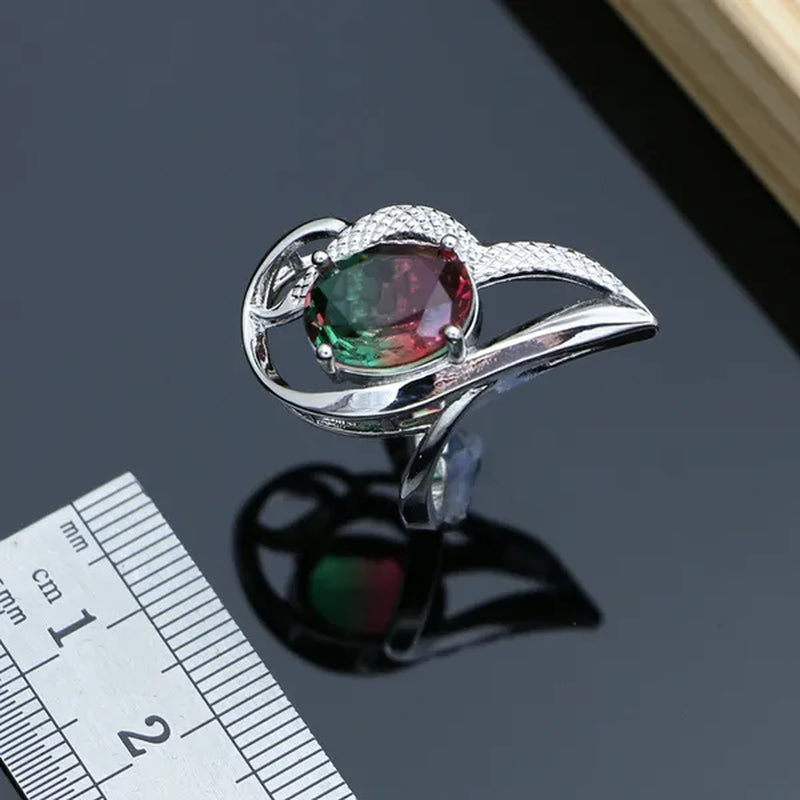 925 Silver Jewelry Sets for Women Rainbow Tourmaline Wedding Necklace Earrings Open Ring