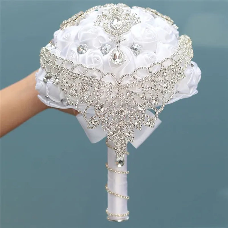 Creative Design Shiny Rhinestone Tassel Bridal Bouquet Artificial White Silk Rose Wedding Flower Bouquet Crystal Brooch Ribbon Bridesmaid Bouquet 3 Size Optional