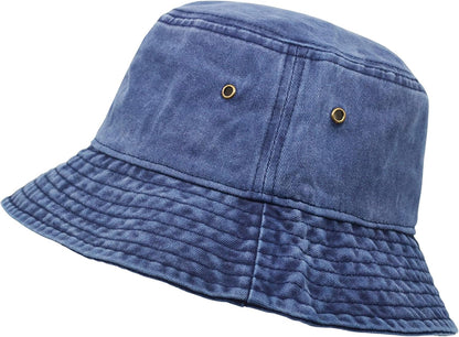 Bucket Hat, Wide Brim Washed Denim Cotton Outdoor Sun Hat Flat Top Cap for Fishing Hiking Beach Sports