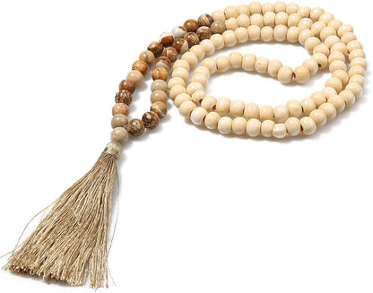 8MM Semi-Precious Gem Stones Wood Mala Bead Necklace Multicolor Tassel Charms Chain Necklace Handmade Beaded Pendant Necklace for Women Men