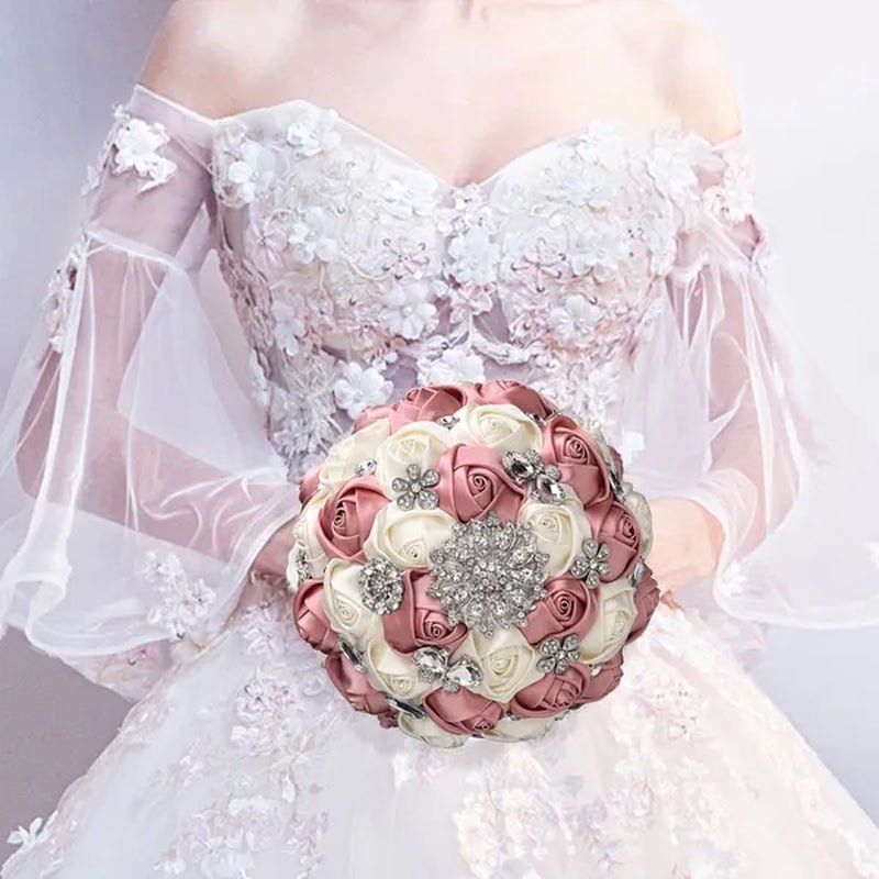 20CM Satin Ribbon Rhinestone Simulation Flowers Bridal Bouquet Handmade Diamond Brooch Wedding Bouquet Bridesmaid Holding Flowers - WORLD TIME VISITS