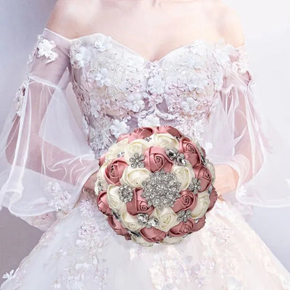 20CM Satin Ribbon Rhinestone Simulation Flowers Bridal Bouquet Handmade Diamond Brooch Wedding Bouquet Bridesmaid Holding Flowers - WORLD TIME VISITS