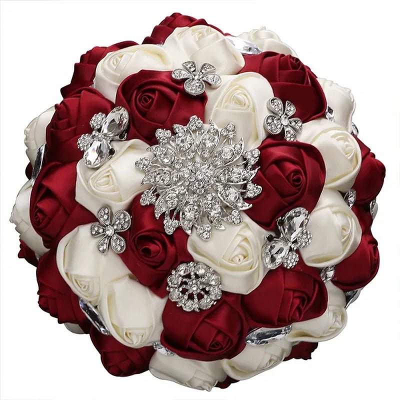 20CM Satin Ribbon Rhinestone Simulation Flowers Bridal Bouquet Handmade Diamond Brooch Wedding Bouquet Bridesmaid Holding Flowers