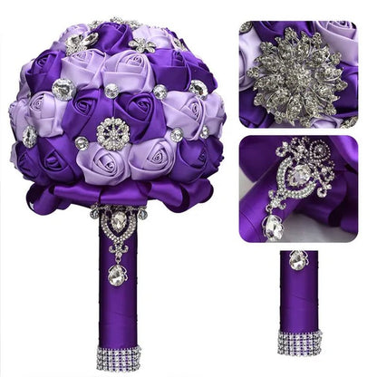 20CM Satin Ribbon Rhinestone Simulation Flowers Bridal Bouquet Handmade Diamond Brooch Wedding Bouquet Bridesmaid Holding Flowers