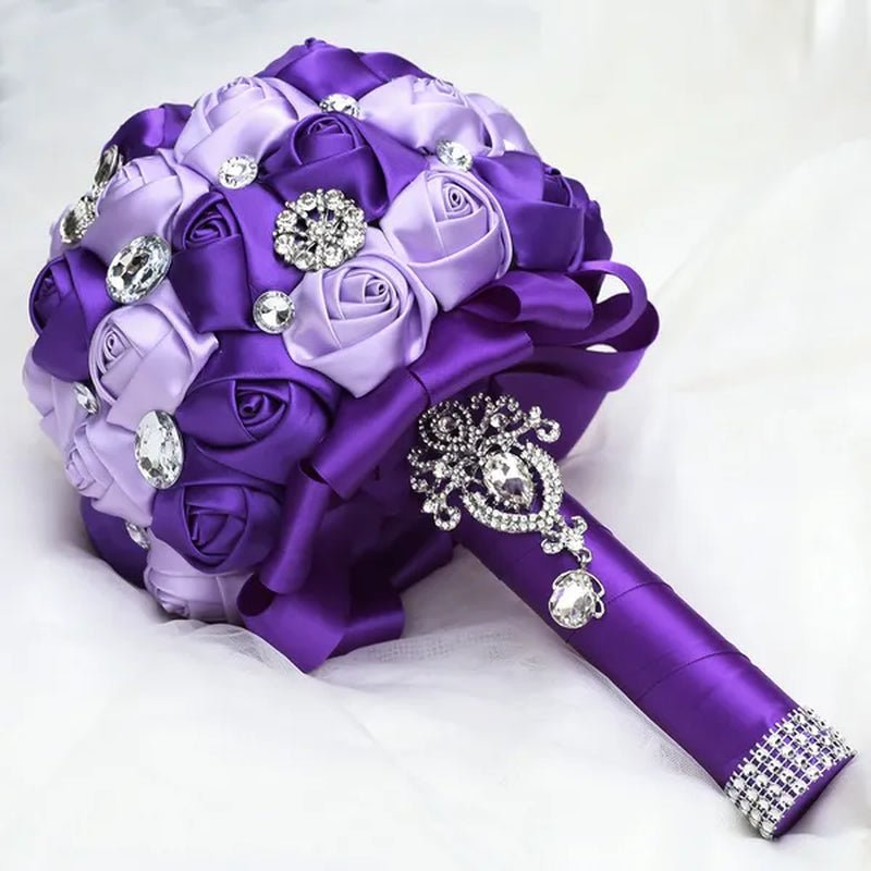 20CM Satin Ribbon Rhinestone Simulation Flowers Bridal Bouquet Handmade Diamond Brooch Wedding Bouquet Bridesmaid Holding Flowers