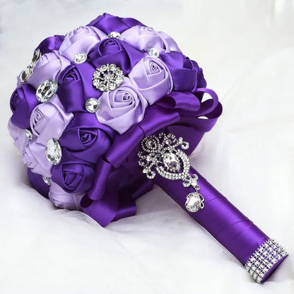 20CM Satin Ribbon Rhinestone Simulation Flowers Bridal Bouquet Handmade Diamond Brooch Wedding Bouquet Bridesmaid Holding Flowers
