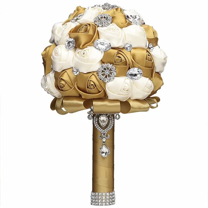 20CM Satin Ribbon Rhinestone Simulation Flowers Bridal Bouquet Handmade Diamond Brooch Wedding Bouquet Bridesmaid Holding Flowers