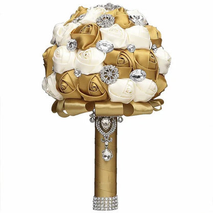 20CM Satin Ribbon Rhinestone Simulation Flowers Bridal Bouquet Handmade Diamond Brooch Wedding Bouquet Bridesmaid Holding Flowers