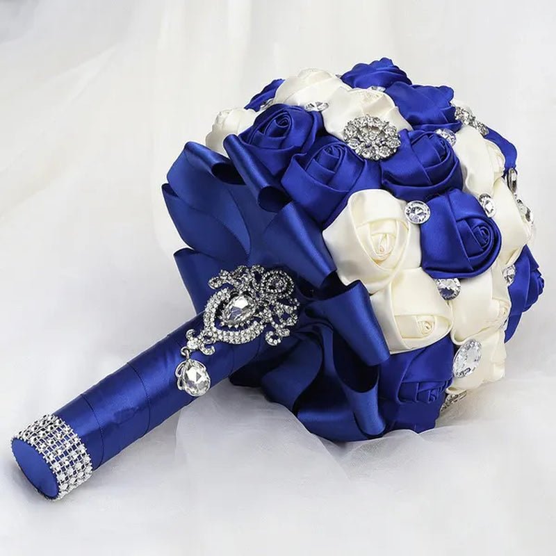 20CM Satin Ribbon Rhinestone Simulation Flowers Bridal Bouquet Handmade Diamond Brooch Wedding Bouquet Bridesmaid Holding Flowers