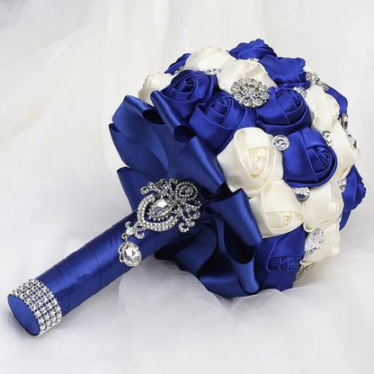 20CM Satin Ribbon Rhinestone Simulation Flowers Bridal Bouquet Handmade Diamond Brooch Wedding Bouquet Bridesmaid Holding Flowers
