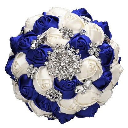 20CM Satin Ribbon Rhinestone Simulation Flowers Bridal Bouquet Handmade Diamond Brooch Wedding Bouquet Bridesmaid Holding Flowers