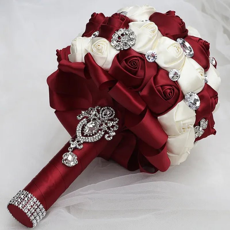 20CM Satin Ribbon Rhinestone Simulation Flowers Bridal Bouquet Handmade Diamond Brooch Wedding Bouquet Bridesmaid Holding Flowers