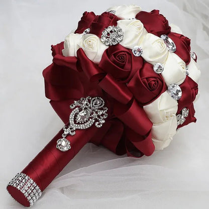 20CM Satin Ribbon Rhinestone Simulation Flowers Bridal Bouquet Handmade Diamond Brooch Wedding Bouquet Bridesmaid Holding Flowers