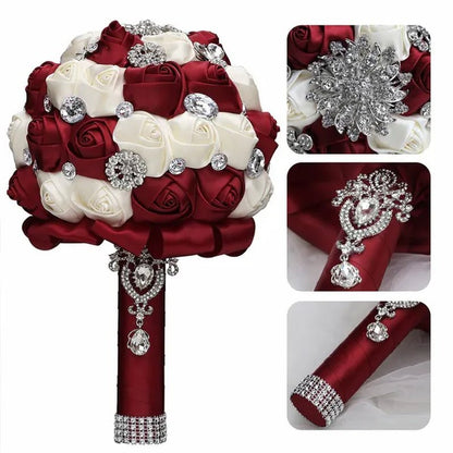 20CM Satin Ribbon Rhinestone Simulation Flowers Bridal Bouquet Handmade Diamond Brooch Wedding Bouquet Bridesmaid Holding Flowers