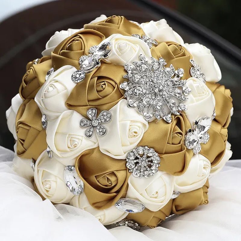 20CM Satin Ribbon Rhinestone Simulation Flowers Bridal Bouquet Handmade Diamond Brooch Wedding Bouquet Bridesmaid Holding Flowers