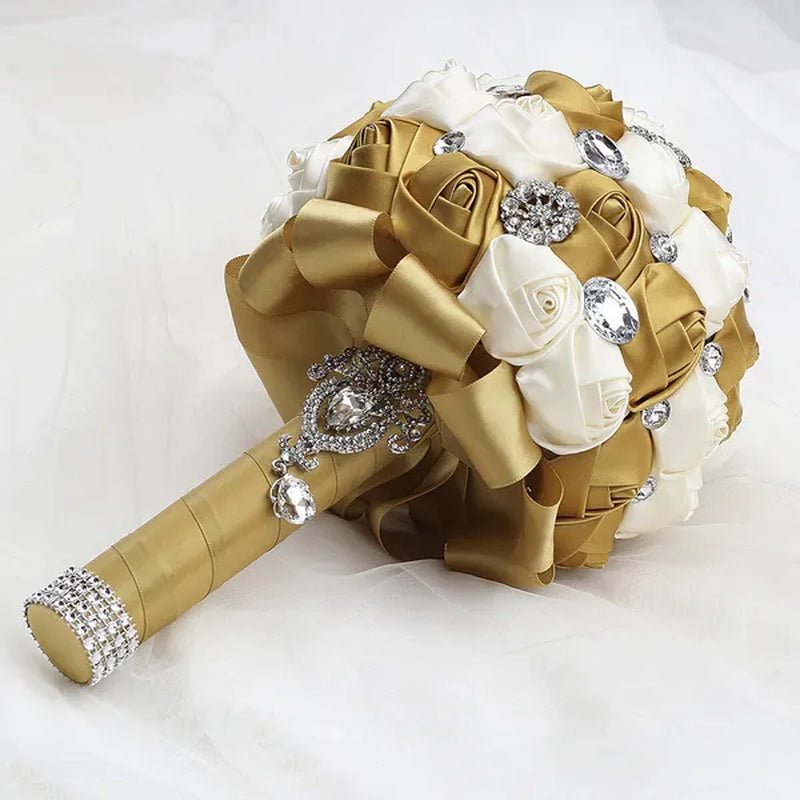 20CM Satin Ribbon Rhinestone Simulation Flowers Bridal Bouquet Handmade Diamond Brooch Wedding Bouquet Bridesmaid Holding Flowers