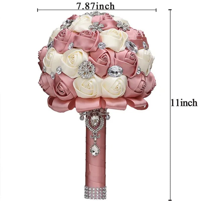 20CM Satin Ribbon Rhinestone Simulation Flowers Bridal Bouquet Handmade Diamond Brooch Wedding Bouquet Bridesmaid Holding Flowers - WORLD TIME VISITS