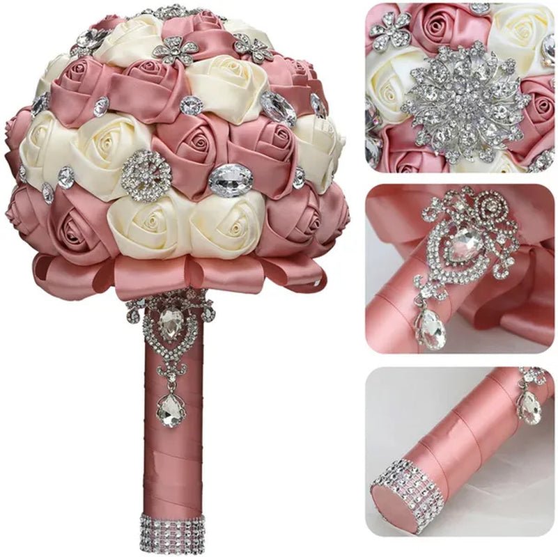 20CM Satin Ribbon Rhinestone Simulation Flowers Bridal Bouquet Handmade Diamond Brooch Wedding Bouquet Bridesmaid Holding Flowers - WORLD TIME VISITS