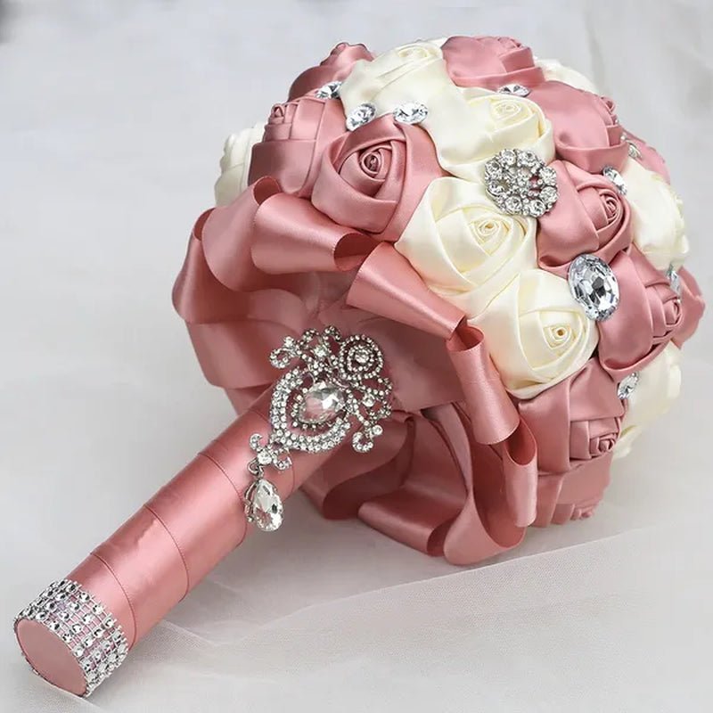 20CM Satin Ribbon Rhinestone Simulation Flowers Bridal Bouquet Handmade Diamond Brooch Wedding Bouquet Bridesmaid Holding Flowers - WORLD TIME VISITS