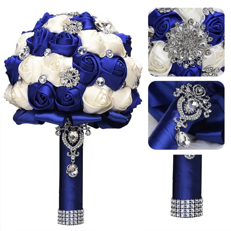 20CM Satin Ribbon Rhinestone Simulation Flowers Bridal Bouquet Handmade Diamond Brooch Wedding Bouquet Bridesmaid Holding Flowers