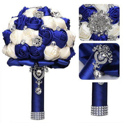 20CM Satin Ribbon Rhinestone Simulation Flowers Bridal Bouquet Handmade Diamond Brooch Wedding Bouquet Bridesmaid Holding Flowers
