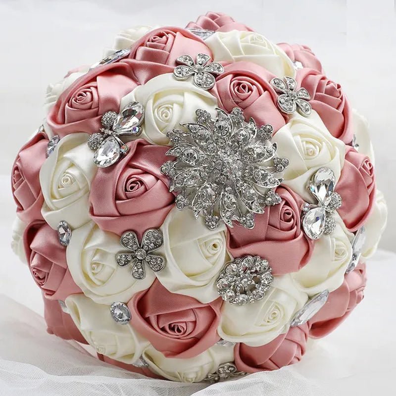20CM Satin Ribbon Rhinestone Simulation Flowers Bridal Bouquet Handmade Diamond Brooch Wedding Bouquet Bridesmaid Holding Flowers