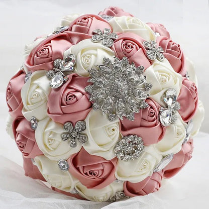 20CM Satin Ribbon Rhinestone Simulation Flowers Bridal Bouquet Handmade Diamond Brooch Wedding Bouquet Bridesmaid Holding Flowers