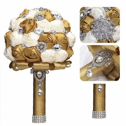 20CM Satin Ribbon Rhinestone Simulation Flowers Bridal Bouquet Handmade Diamond Brooch Wedding Bouquet Bridesmaid Holding Flowers