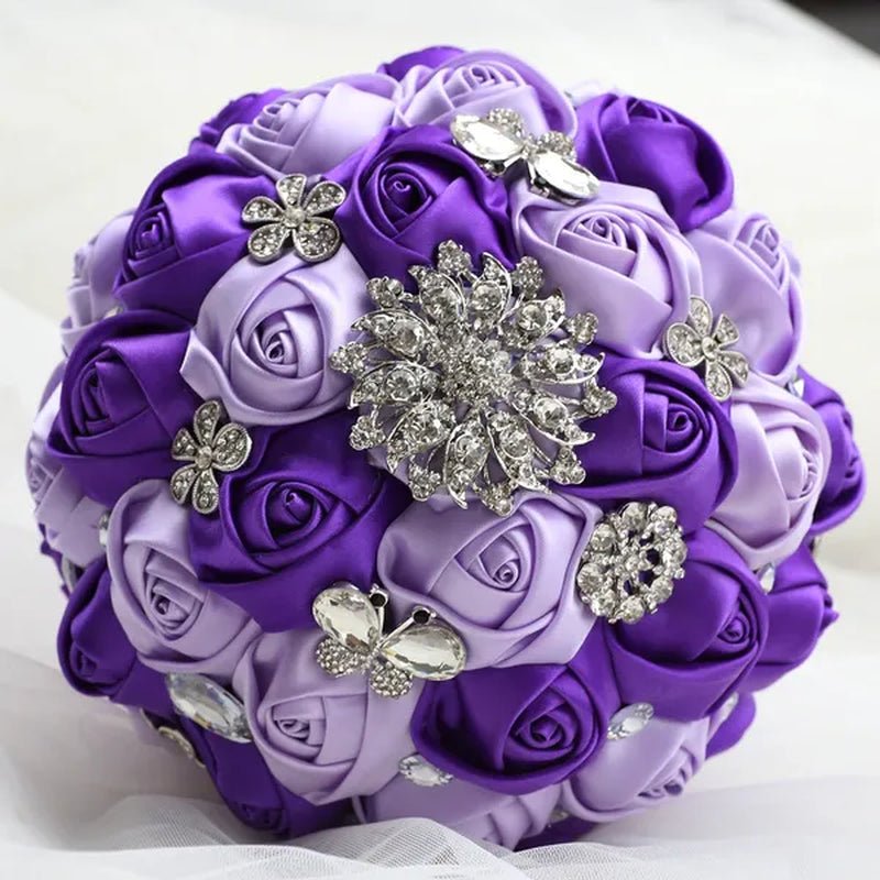 20CM Satin Ribbon Rhinestone Simulation Flowers Bridal Bouquet Handmade Diamond Brooch Wedding Bouquet Bridesmaid Holding Flowers