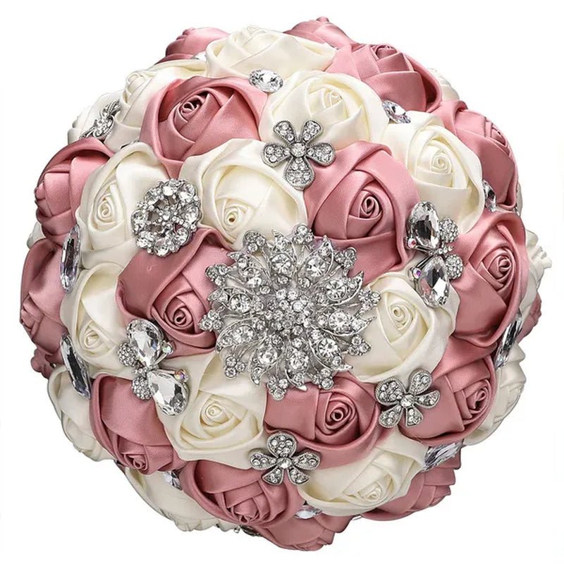 20CM Satin Ribbon Rhinestone Simulation Flowers Bridal Bouquet Handmade Diamond Brooch Wedding Bouquet Bridesmaid Holding Flowers
