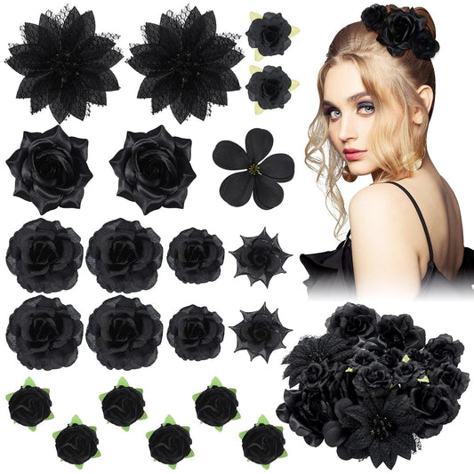 21 Pcs Flower Hair Clip Rose Hair Clips Barrettes for Women Flower Accessories Boho Bride Claw Clip Hairpin Brooch Pin Headpiece for Wedding(Black) - WORLD TIME VISITS
