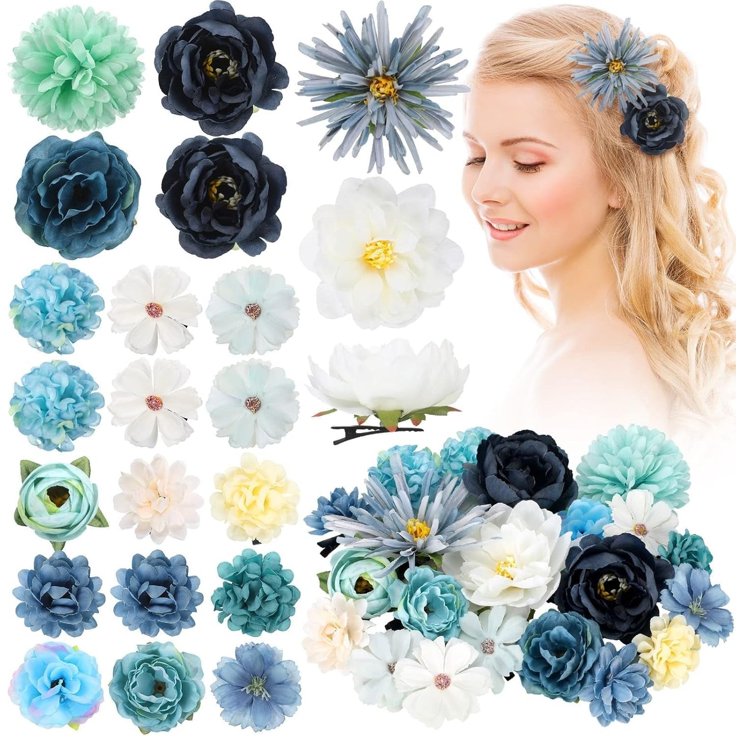 21 Pcs Flower Hair Clip Rose Hair Clips Barrettes for Women Flower Accessories Boho Bride Claw Clip Hairpin Brooch Pin Headpiece for Wedding(Light Blue) - WORLD TIME VISITS