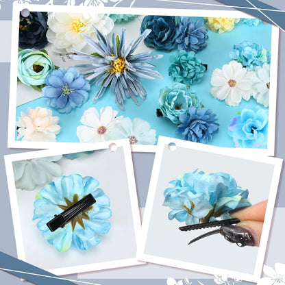 21 Pcs Flower Hair Clip Rose Hair Clips Barrettes for Women Flower Accessories Boho Bride Claw Clip Hairpin Brooch Pin Headpiece for Wedding(Light Blue)