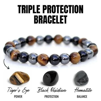 Men's Fashion Natural Stone Bracelet Tiger Eye Triple Protection Hematite and Black Obsidian Bracelet Gift Jewelry