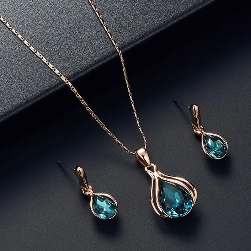 3 Pcs/set Elegant Luxury Design Wedding Earrings Rose Gold Necklace Earrings Crystal Pendant Set Jewelry Set