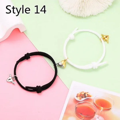 2Pcs Magnetic Bracelet Stainless Steel Heart Pendant Charm Couple Bracelets for Lover Friend Men Women Braid Rope Bracelets