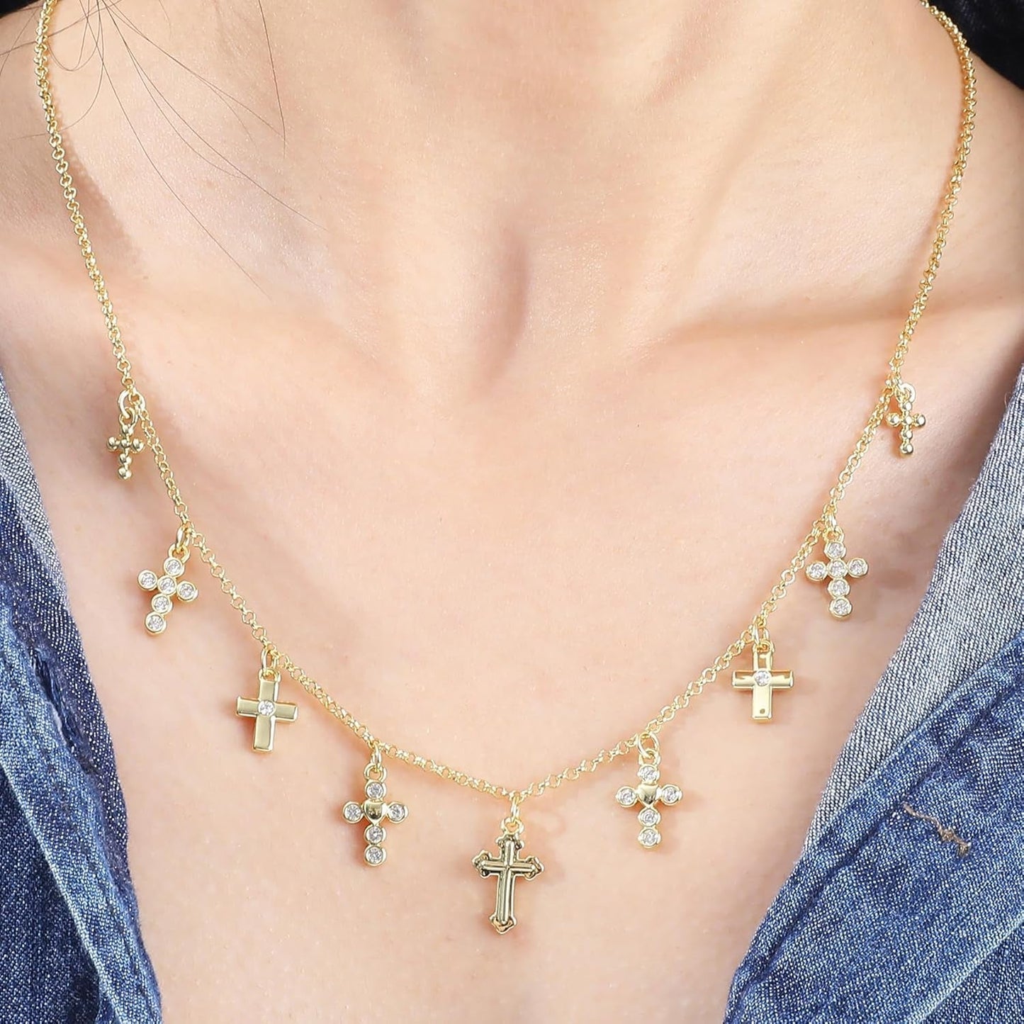 Gold Charm Necklace for Women 14K Gold Plated Cute Cubic Zirconia Rainbow Flower North Star Love Heart Cross Pendant Necklace Adjustable Chain Trendy Party Jewelry Gift for Women