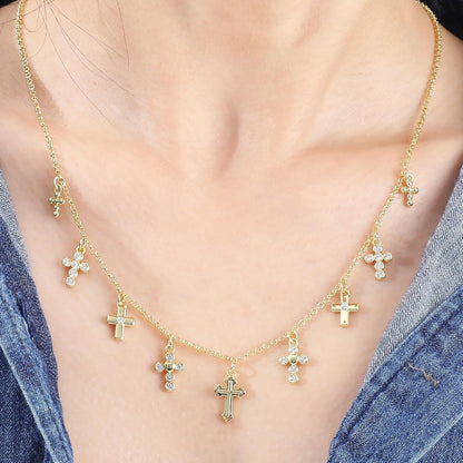 Gold Charm Necklace for Women 14K Gold Plated Cute Cubic Zirconia Rainbow Flower North Star Love Heart Cross Pendant Necklace Adjustable Chain Trendy Party Jewelry Gift for Women