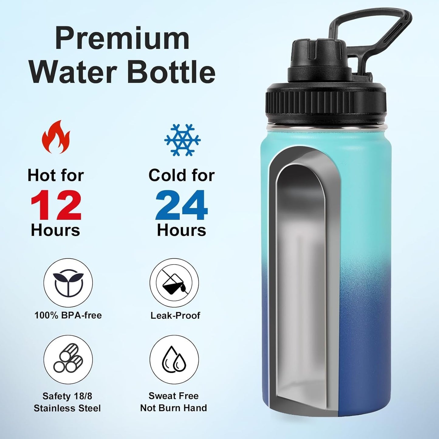 16Oz Water Bottle 2 Pack, Sport Drinking Bottles Stainless Steel Leak Proof, Double Walled Vacuum Insulated Tumbler, Metal Gym Travel Mug Togo, Insulated Cup for Men, Women, Kids (Gradient)