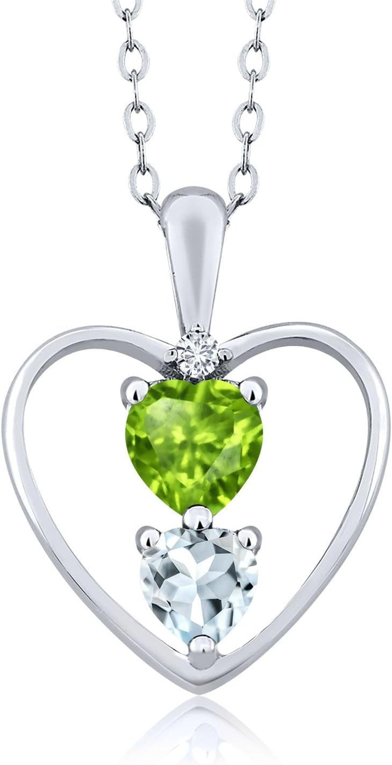 925 Sterling Silver Green Peridot Sky Blue Aquamarine and White Diamond Pendant Necklace for Women (0.67 Cttw, Heart 5MM and 4MM, with 18 Inch Silver Chain) - WORLD TIME VISITS